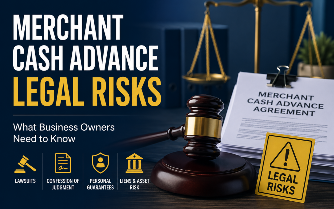 Merchant Cash Advance legal risks illustration showing legal documents, a judge's gavel, warning sign, and business contract highlighting lawsuits, personal guarantees, and asset risks.