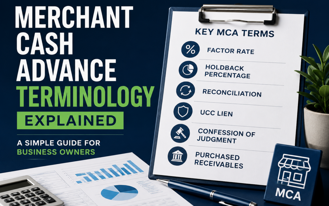 Merchant Cash Advance Terminology Explained infographic showing key MCA terms including factor rate, holdback percentage, reconciliation, UCC lien, confession of judgment, and purchased receivables.