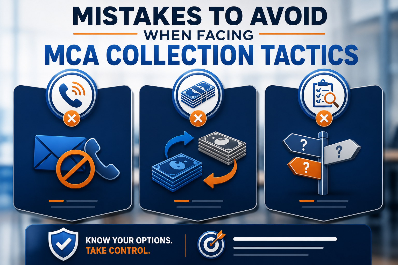 Mistakes to avoid when facing MCA collection tactics including ignored communication, additional advances, and decisions without reviewing debt relief options.