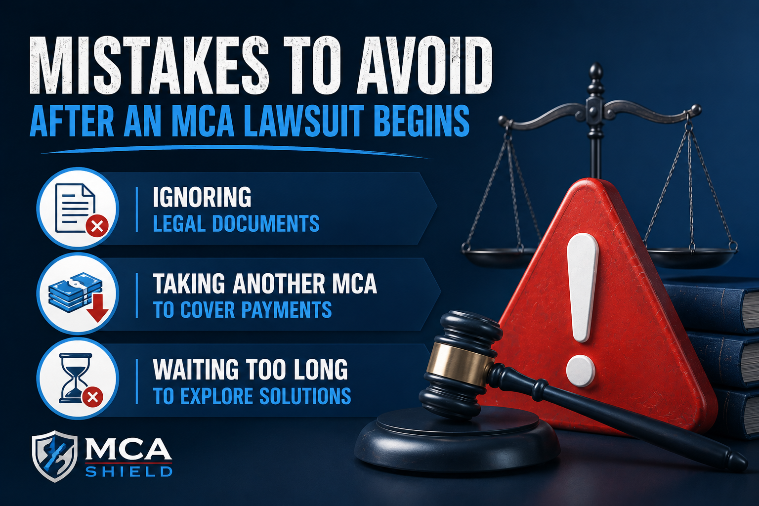 Mistakes to avoid after an MCA lawsuit including ignoring legal documents, taking additional advances, and delaying merchant cash advance debt solutions.