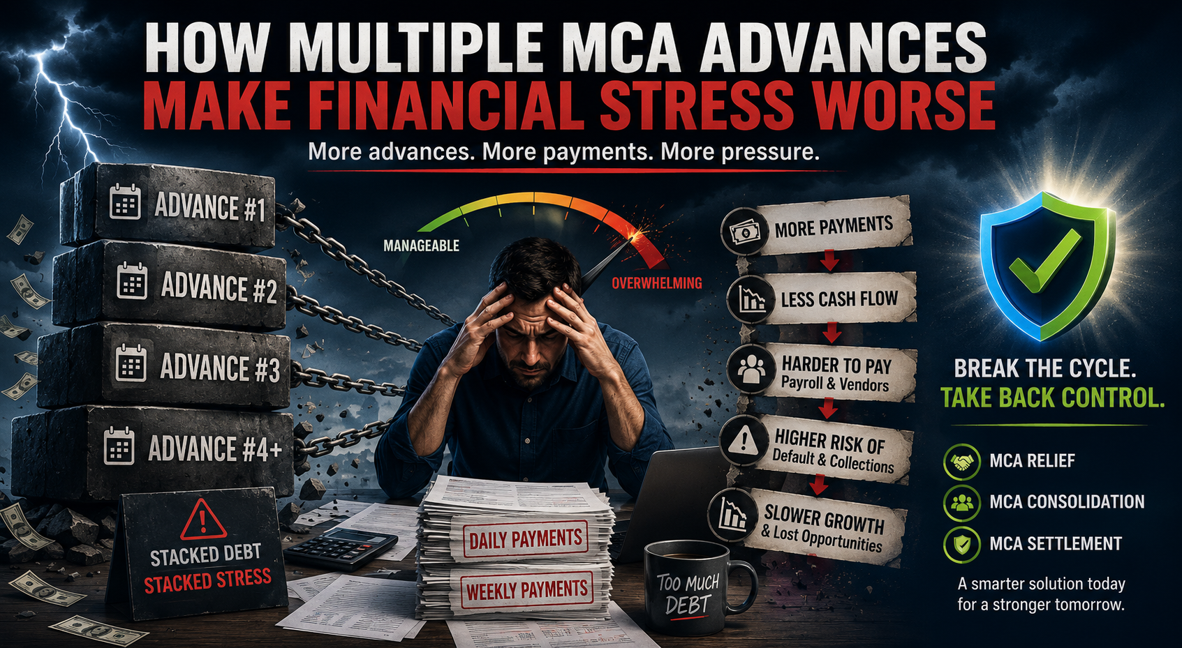 Horizontal infographic illustrating how multiple Merchant Cash Advance (MCA) advances increase financial stress. The image shows stacked MCA advances leading to repeated ACH withdrawals, shrinking cash flow, payroll and vendor pressure, and a stressed business owner overwhelmed by mounting debt. It highlights the benefits of MCA Relief, MCA Consolidation, and MCA Settlement as potential solutions to break the debt cycle, improve cash flow, and restore business stability.