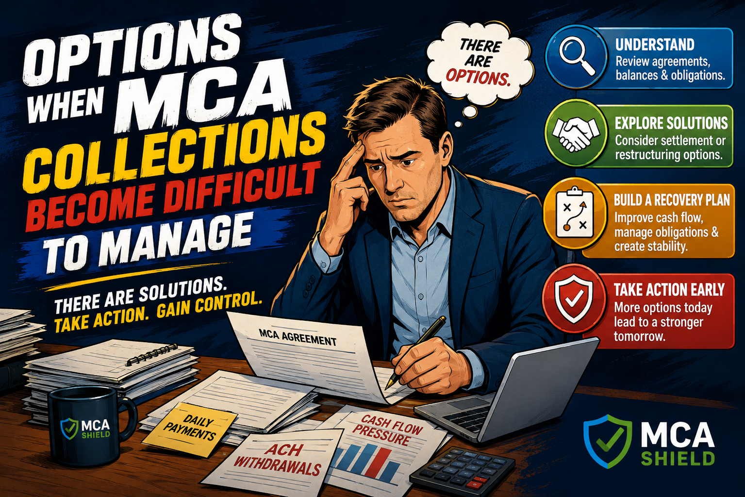 MCA collection options showing debt review, settlement strategies, restructuring solutions, and cash flow recovery planning for struggling business owners.