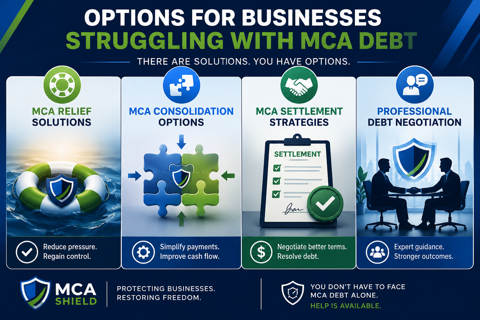 Infographic illustrating options for businesses struggling with MCA debt, including MCA relief, MCA consolidation, MCA settlement, and professional debt negotiation to improve cash flow and resolve merchant cash advance obligations.