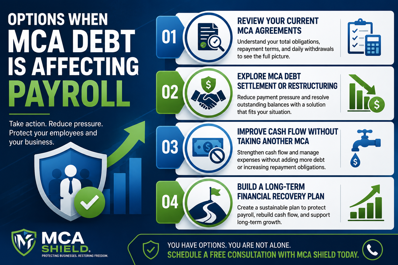 Infographic outlining options when MCA debt affects payroll, including reviewing MCA agreements, exploring debt settlement or restructuring, improving cash flow without another merchant cash advance, and building a long-term financial recovery plan.