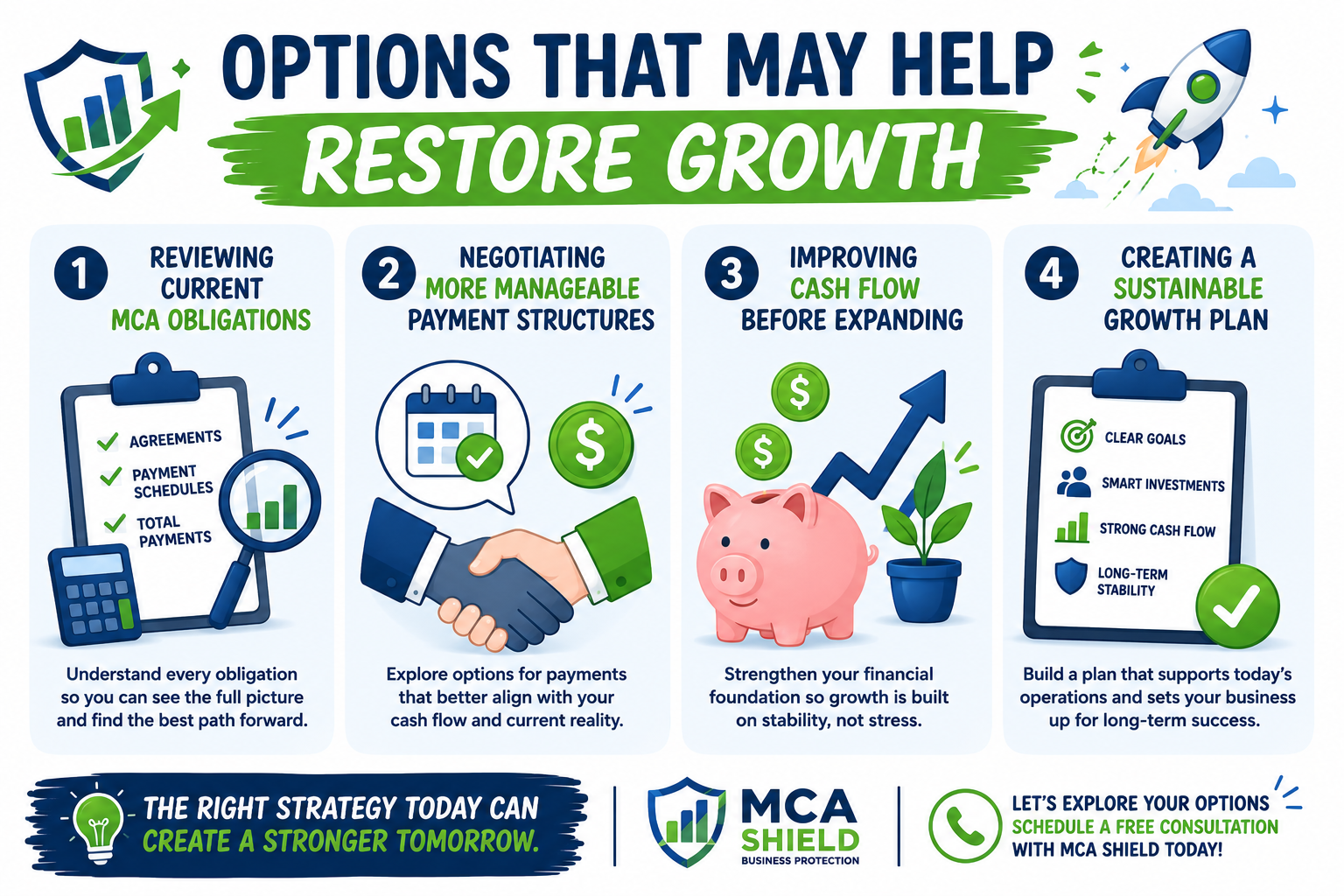 Options to restore business growth infographic showing strategies to review MCA obligations, negotiate payment structures, improve cash flow, and build a sustainable business growth plan.