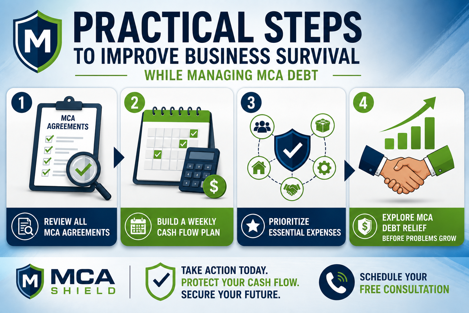 Infographic showing practical steps to improve business survival while managing MCA debt, including reviewing agreements, planning cash flow, prioritizing expenses, and exploring debt relief.