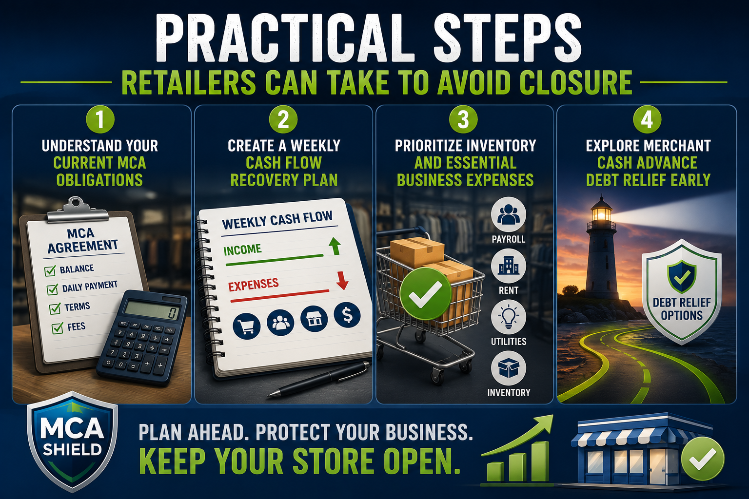 Understand Your Current MCA Obligations

The first step toward overcoming retail business MCA debt is understanding exactly what you owe. Review each Merchant Cash Advance agreement, including the outstanding balance, daily payment amount, repayment terms, and any additional fees or obligations. Having a complete financial picture allows you to make informed decisions instead of reacting to one payment at a time.

Create a Weekly Cash Flow Recovery Plan

A weekly cash flow plan helps you stay ahead of financial challenges before they become crises. Track incoming revenue alongside fixed expenses, inventory purchases, payroll, rent, utilities, and MCA payments. Reviewing cash flow every week makes it easier to identify shortfalls early and adjust spending before problems escalate.

Prioritize Inventory and Essential Business Expenses

Healthy inventory keeps customers coming back and sales moving forward. Focus available cash on inventory, payroll, rent, utilities, and other essential operating expenses before making nonessential purchases. Protecting the core functions of your business gives you the best opportunity to stabilize operations while working through financial challenges.

Explore Merchant Cash Advance Debt Relief Early

Many business owners wait until they are facing missed payments or the possibility of closing before seeking help. Acting sooner often creates more options for resolving Merchant Cash Advance debt and restoring cash flow. Exploring professional debt relief early may reduce financial pressure, improve business stability, and increase the likelihood of long-term success.