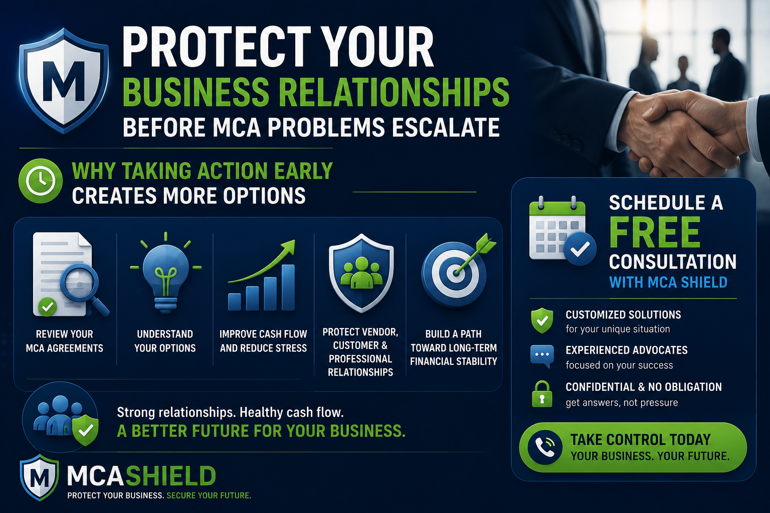 Protect your business relationships before MCA problems escalate with early action, MCA agreement review, cash flow solutions, and MCA Shield support.