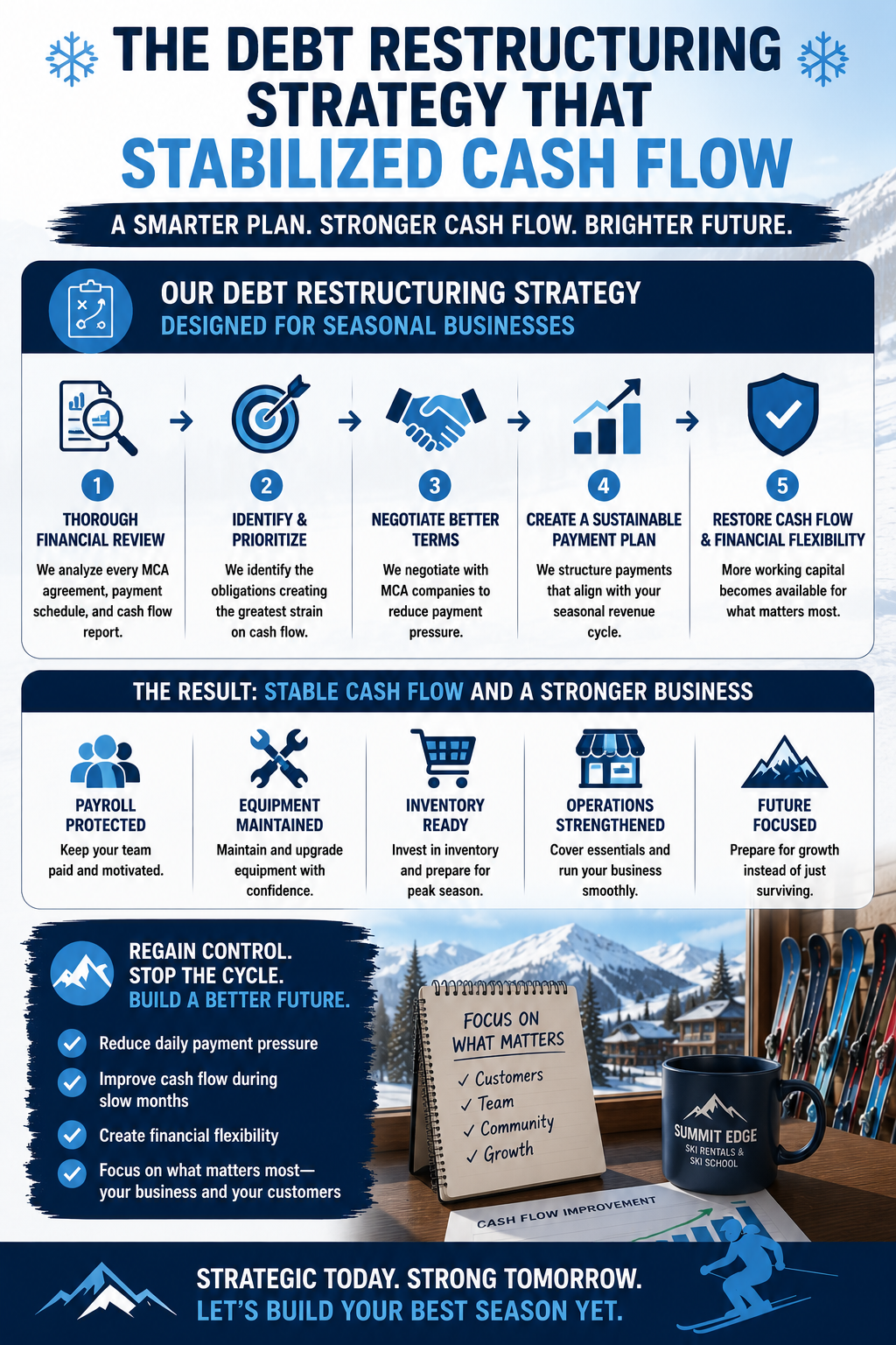 Vertical infographic illustrating a debt restructuring strategy for a seasonal ski rental and ski school business. The graphic shows the steps to stabilize cash flow through financial review, payment restructuring, negotiated terms, and improved working capital, helping protect payroll, maintain operations, prepare for peak season, and support long-term business growth.
