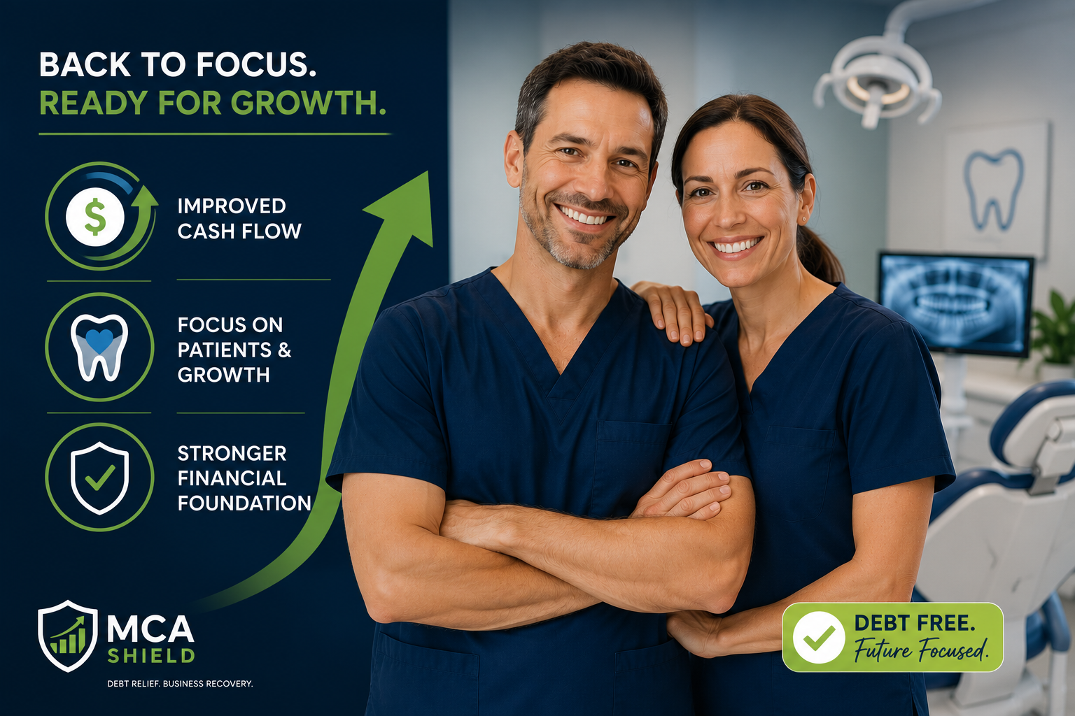 Husband and wife dental practice owners rebuilding financial stability through dental practice debt relief with improved cash flow and renewed business focus.