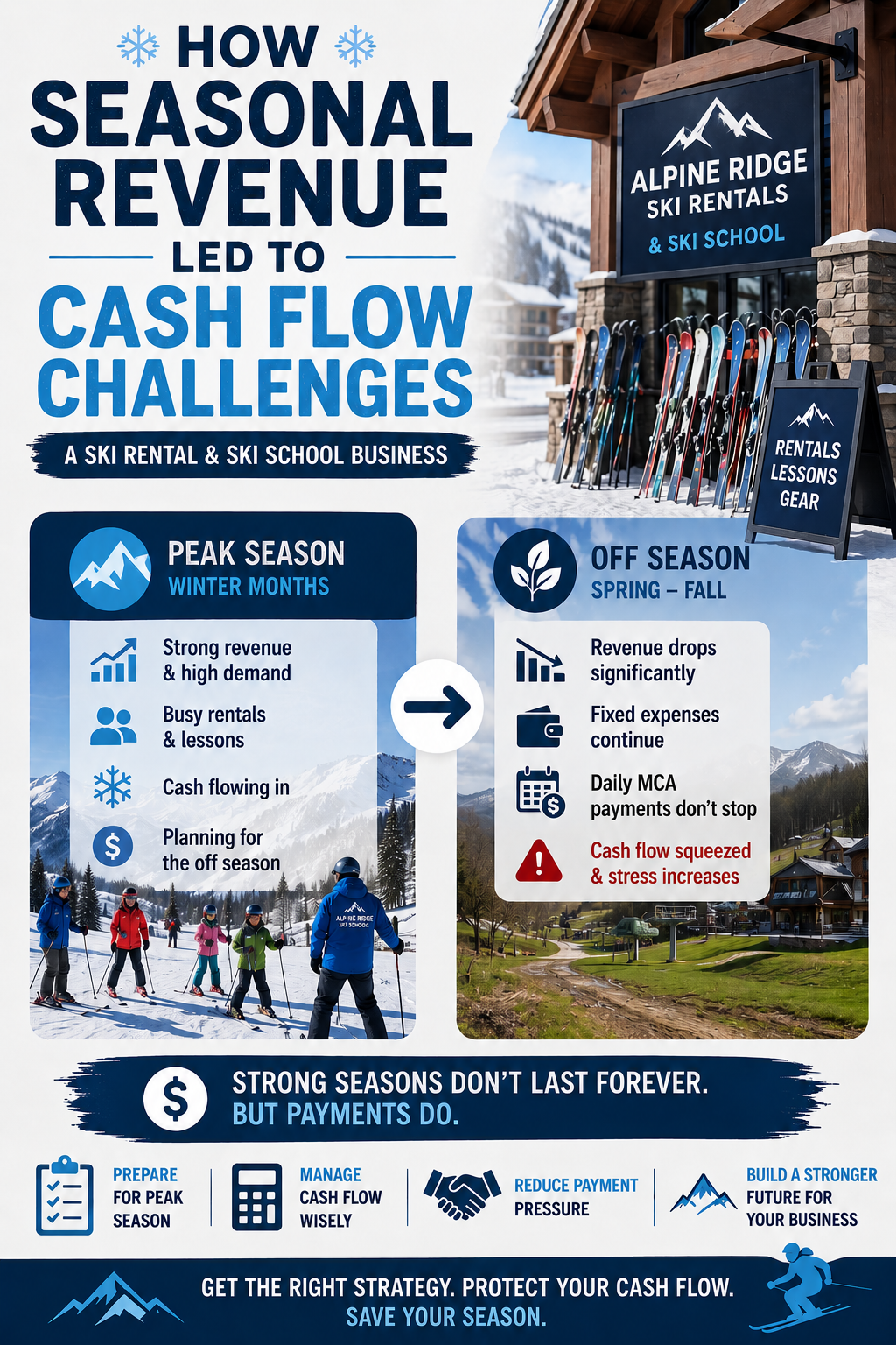 Horizontal infographic showing how seasonal revenue creates cash flow challenges for a ski rental and ski school business. The graphic compares peak winter income with slower off-season revenue, illustrating how fixed expenses and daily MCA payments continue year-round, putting pressure on cash flow and business operations.