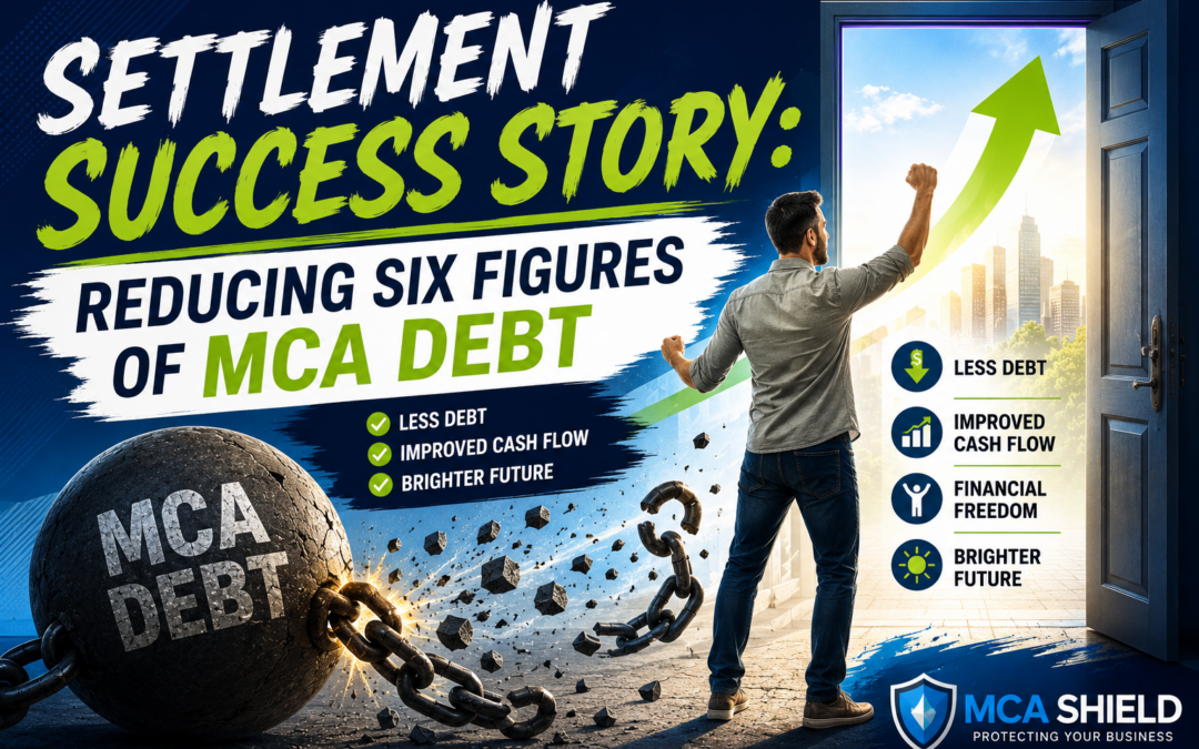 Business owner in business casual clothing celebrating after reducing six figures of merchant cash advance debt with improved cash flow and financial recovery.