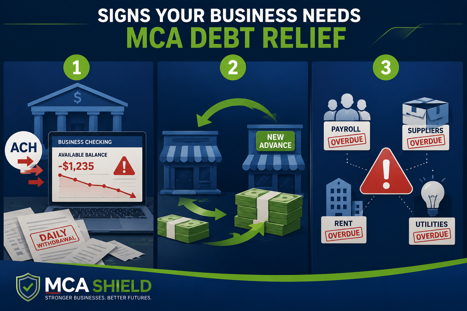 MCA debt relief warning signs showing daily ACH withdrawals, cash flow problems, new advances, and overdue business expenses for small businesses
