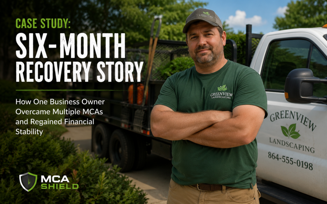Landscaping business owner standing beside his work truck in an MCA debt relief case study highlighting a six-month business recovery story after overcoming multiple merchant cash advances.
