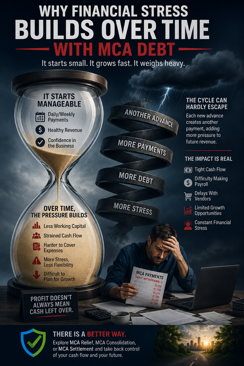 Vertical infographic showing how MCA debt builds over time through repeated payments, reduced working capital, tighter cash flow, and limited business growth, with options including MCA Relief, MCA Consolidation, and MCA Settlement.