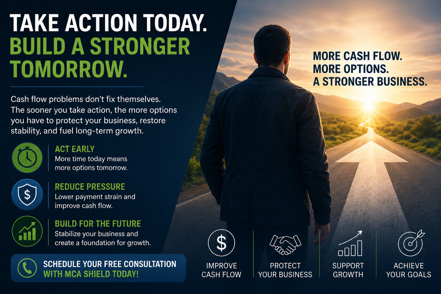 Take action to restore positive cash flow with MCA Shield by reducing Merchant Cash Advance payment pressure, improving business cash flow, and building long-term financial stability.