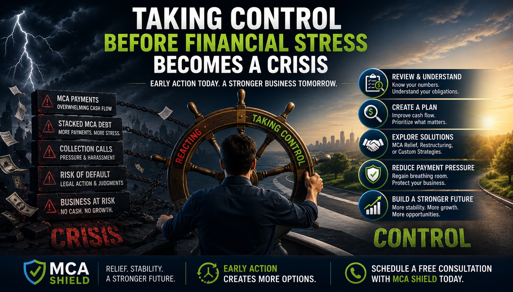 Horizontal infographic showing how early action can help businesses overcome overwhelming MCA payments, stacked debt, collection pressure, and default risk. The image illustrates reviewing finances, creating a recovery plan, reducing payment pressure, and improving cash flow to build a stronger, more stable business.
