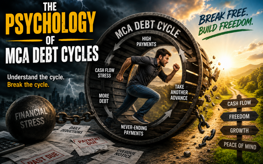 Business owner escaping the MCA debt cycle with broken chains symbolizing reduced financial pressure, improved cash flow, and business recovery.