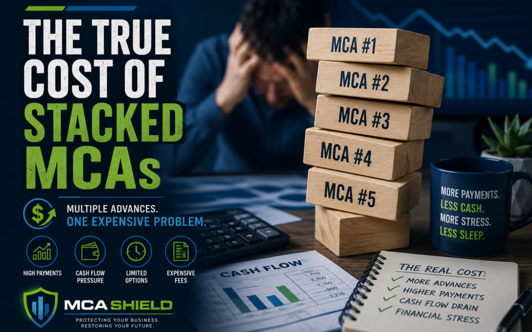 The True Cost of Stacked MCAs showing multiple merchant cash advances creating payment pressure cash flow problems and business debt stress for owners