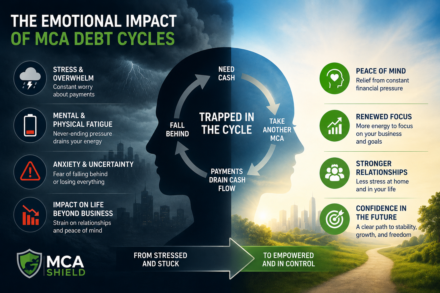 The emotional impact of MCA debt cycles showing how merchant cash advance pressure affects business owners and financial stability.
