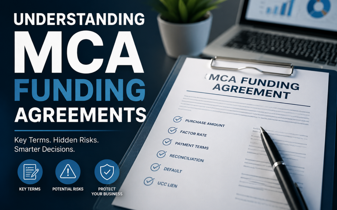 Understanding MCA funding agreements with key contract terms including factor rates, ACH payments, reconciliation clauses, default provisions, and UCC liens for business owners.