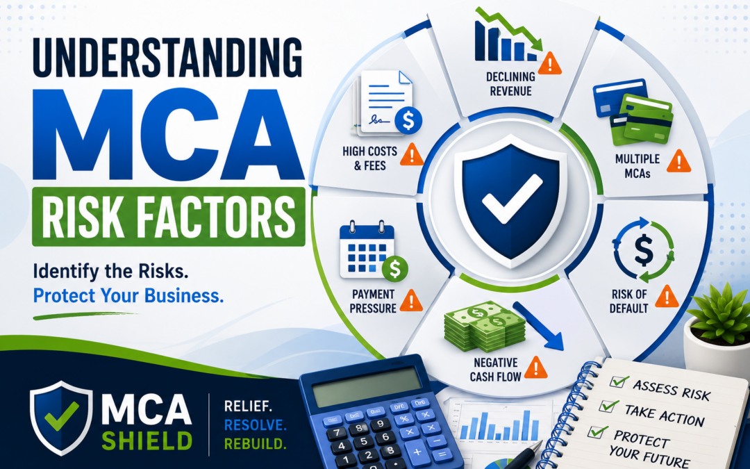 Infographic illustrating merchant cash advance risk factors, including declining revenue, multiple MCAs, payment pressure, negative cash flow, high costs, and default risk with MCA Shield branding.