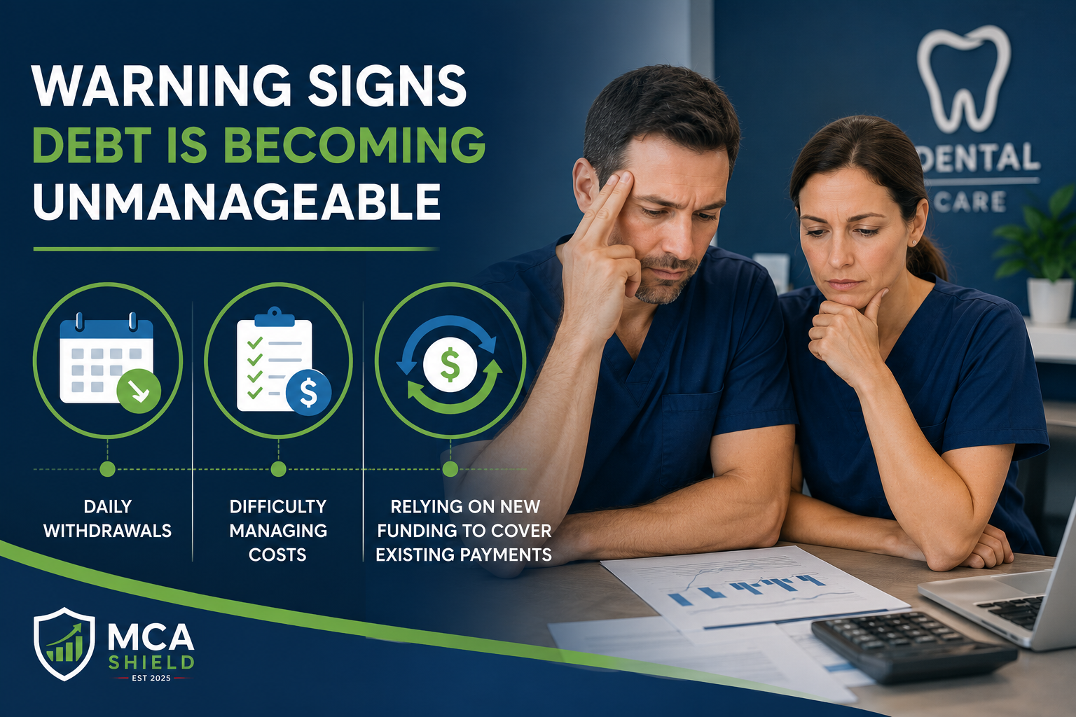 Husband and wife dental practice owners reviewing warning signs of unmanageable debt, including daily withdrawals, cash flow challenges, and growing payment pressure.