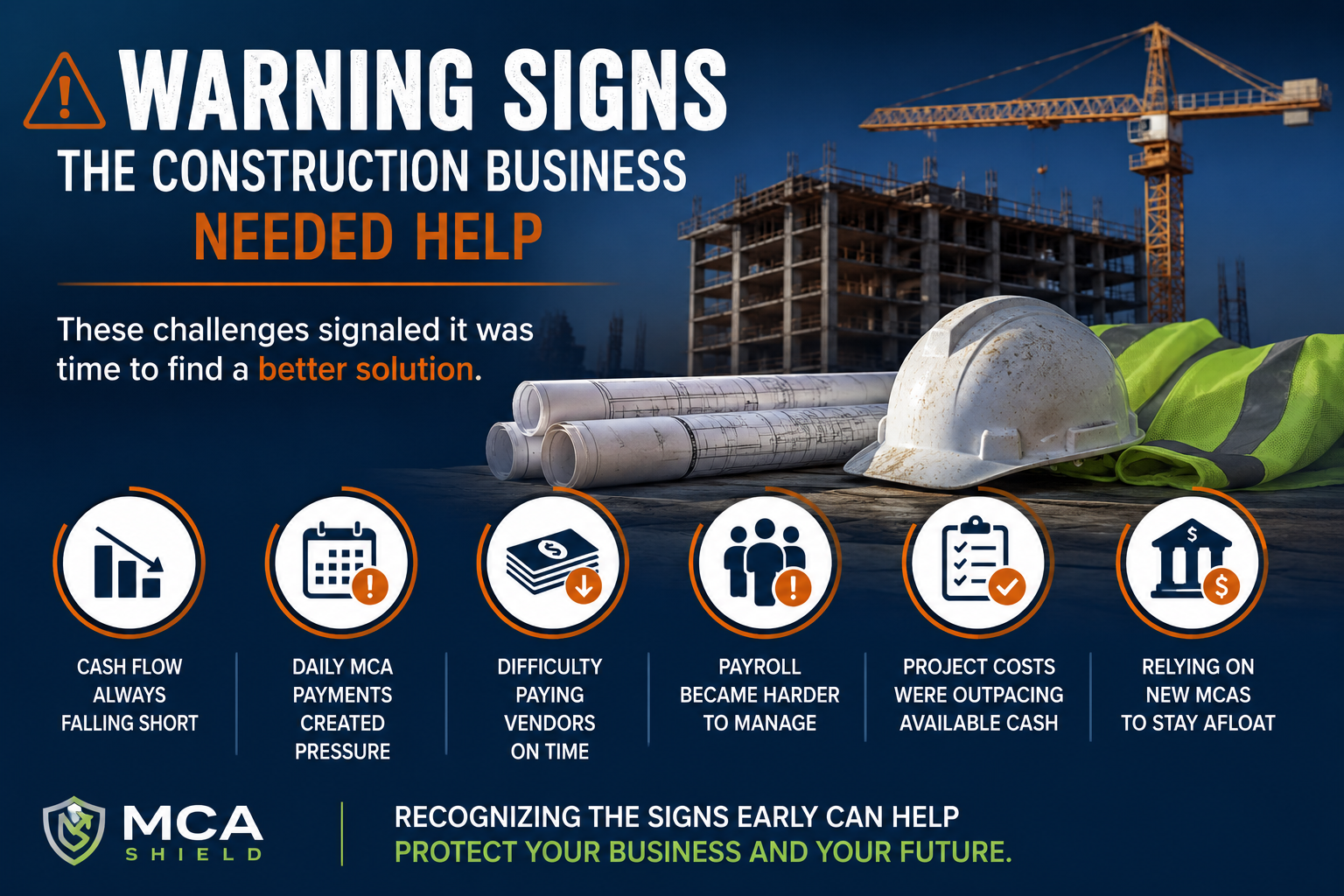 Construction business warning signs including cash flow problems, MCA payment pressure, vendor challenges, payroll issues, and rising debt obligations.