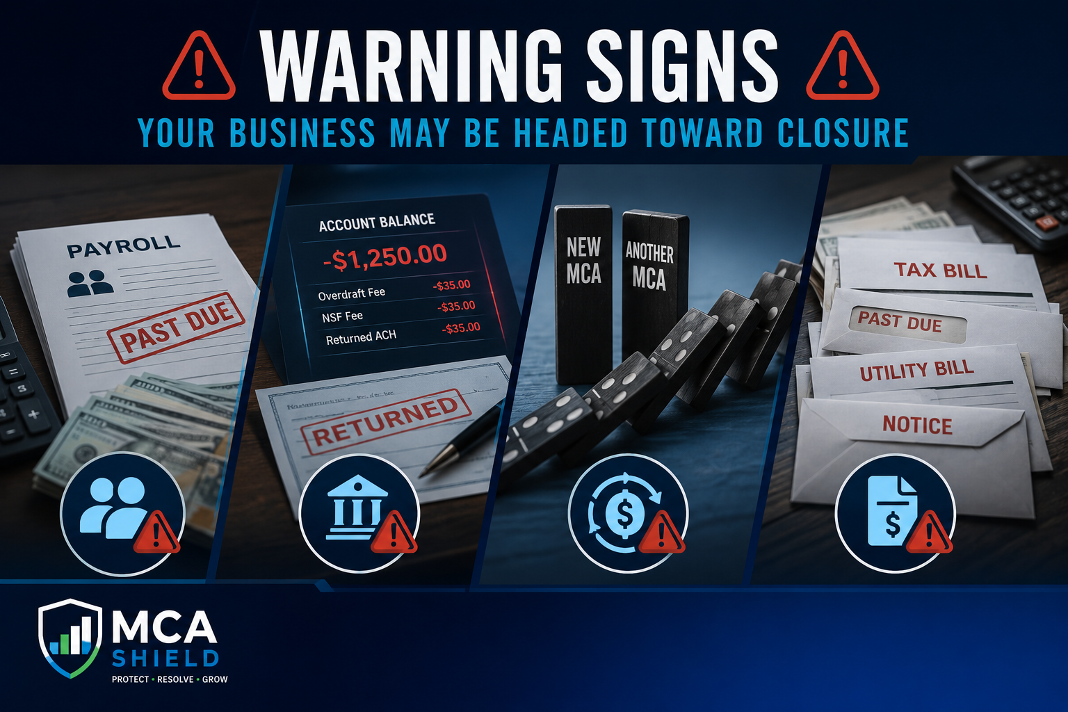 Warning signs that MCA debt may lead to business closure, illustrated by overdue payroll, bank overdrafts and returned ACH payments, stacked Merchant Cash Advances, and past-due tax and utility bills, highlighting the financial warning signs businesses should recognize before cash flow problems become unmanageable.