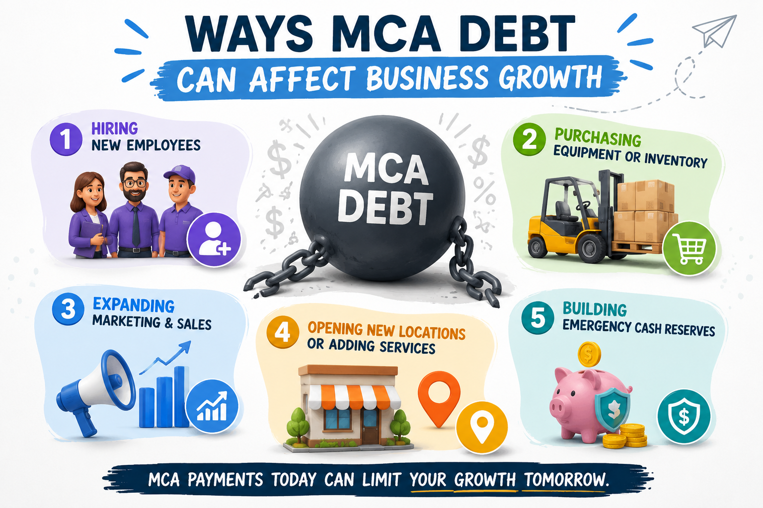 Business growth infographic showing how MCA debt affects hiring, equipment purchases, marketing, business expansion, and emergency cash reserves through reduced cash flow.