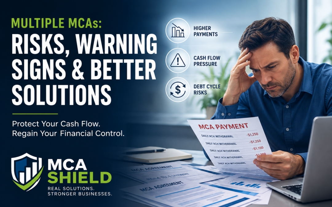 Business owner reviewing multiple MCA payments and cash flow challenges while exploring solutions to regain financial stability with MCA Shield.