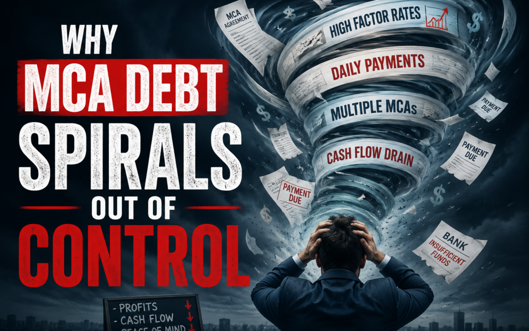 Business owner caught in a downward financial spiral illustrating how merchant cash advance (MCA) debt, high factor rates, daily payments, and stacked advances can quickly spiral out of control.