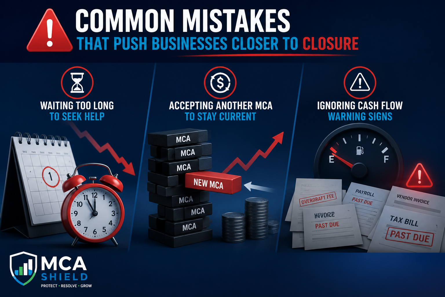 Illustration of common mistakes that can lead to business closure from Merchant Cash Advance debt, including waiting too long to seek help, taking additional MCA funding to cover existing debt, and ignoring cash flow warning signs such as overdue invoices, overdraft fees, and declining business finances.