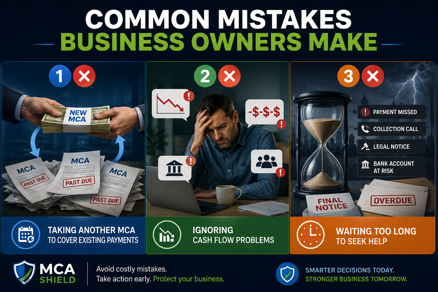 Infographic illustrating common mistakes business owners make with MCA debt, including taking another merchant cash advance, ignoring cash flow problems, and waiting too long to seek professional debt relief.