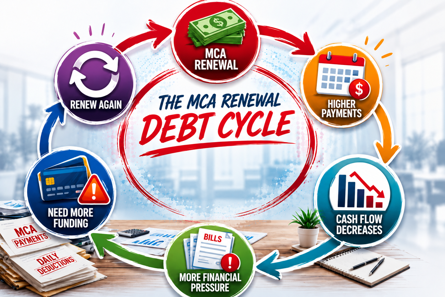 MCA renewal debt cycle showing increased payments reduced cash flow and business debt relief alternatives for merchant cash advance recovery