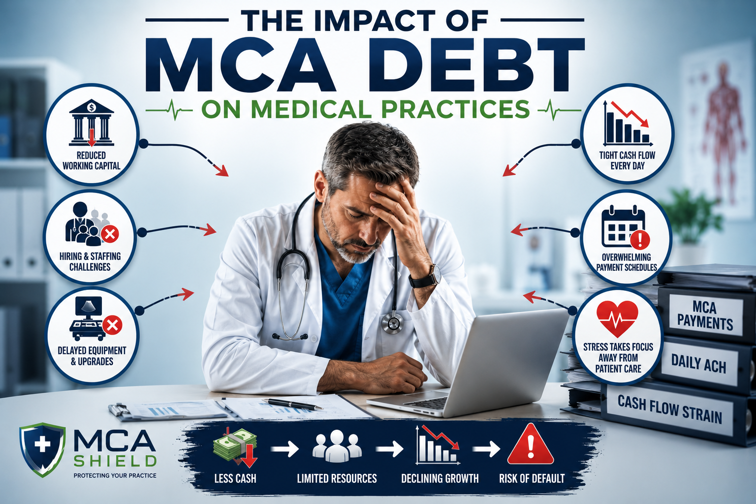 Stressed doctor in a medical office surrounded by icons illustrating the impact of Merchant Cash Advance debt, including reduced working capital, tight cash flow, staffing challenges, delayed equipment upgrades, overwhelming payment schedules, and increased risk of financial default.