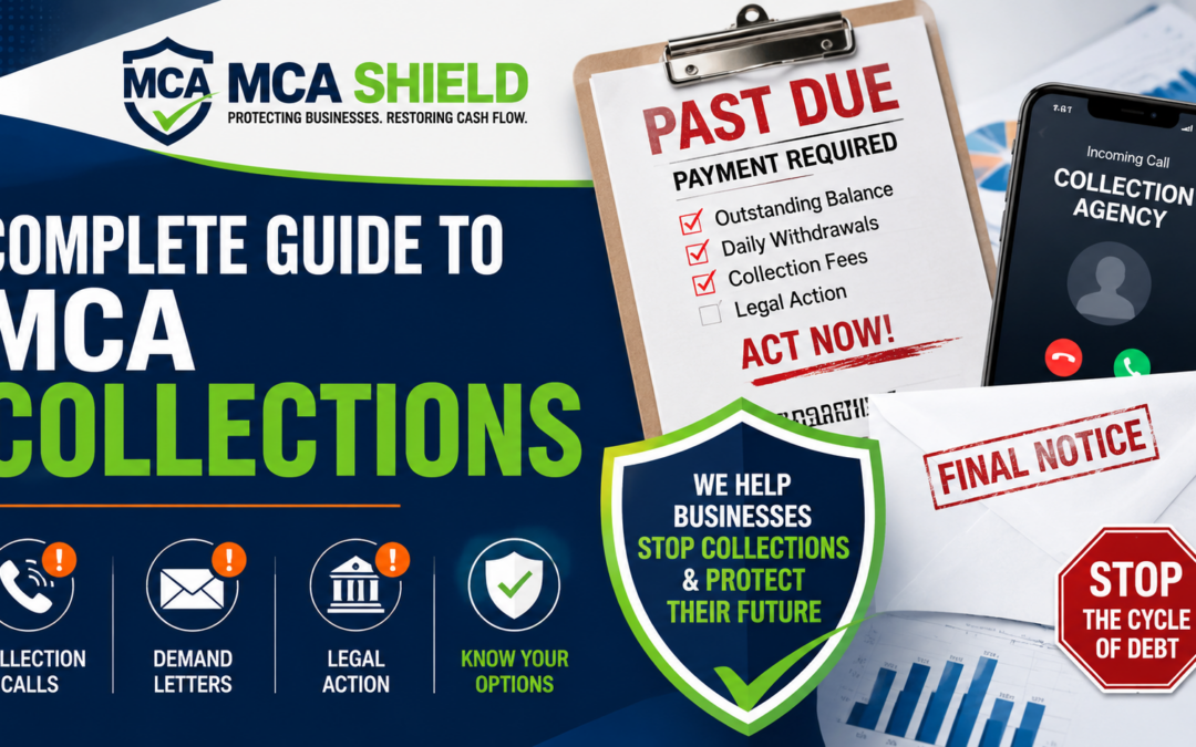 Illustration of merchant cash advance collections showing past-due notices, collection calls, demand letters, legal action warnings, and strategies to help businesses manage MCA collections and protect cash flow.