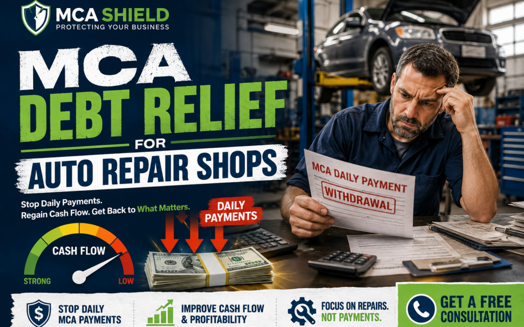 Auto repair shop owner reviewing MCA payment documents while daily payment withdrawals reduce cash flow, with a vehicle on a lift in the background and graphics illustrating merchant cash advance debt relief, improved financial stability, and business recovery.