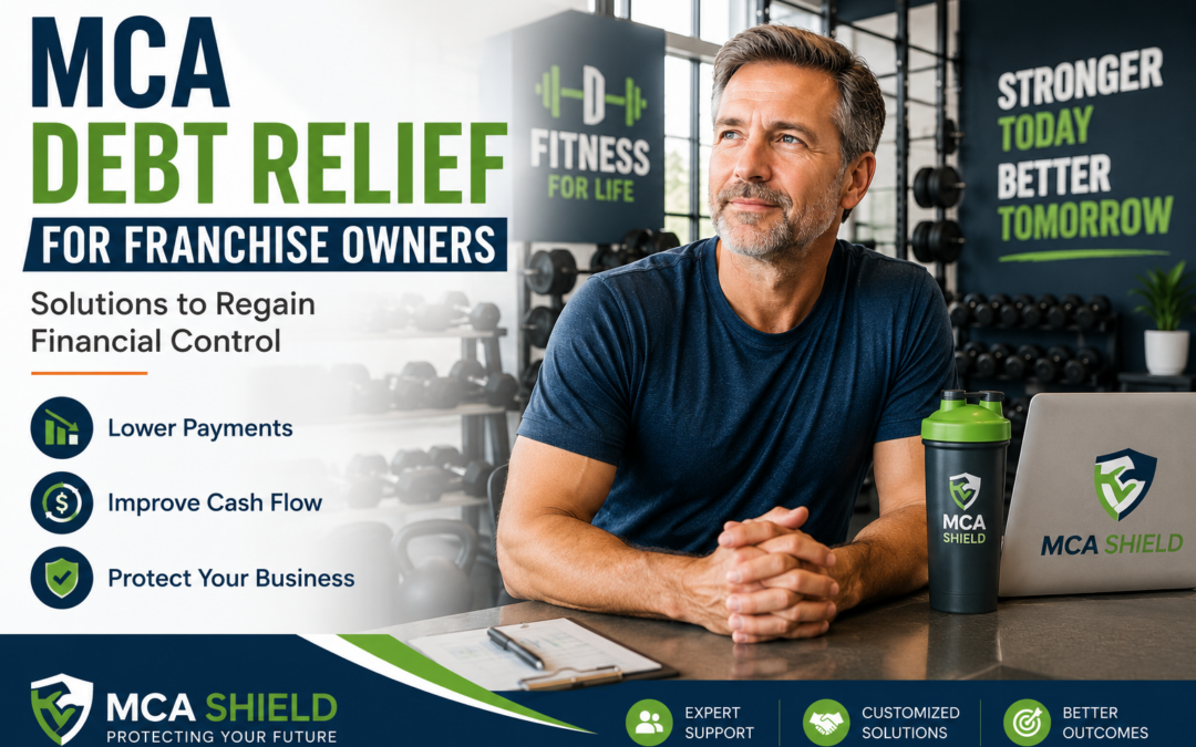 Fitness franchise owner reviewing MCA debt relief options to improve cash flow and protect business growth with MCA Shield.