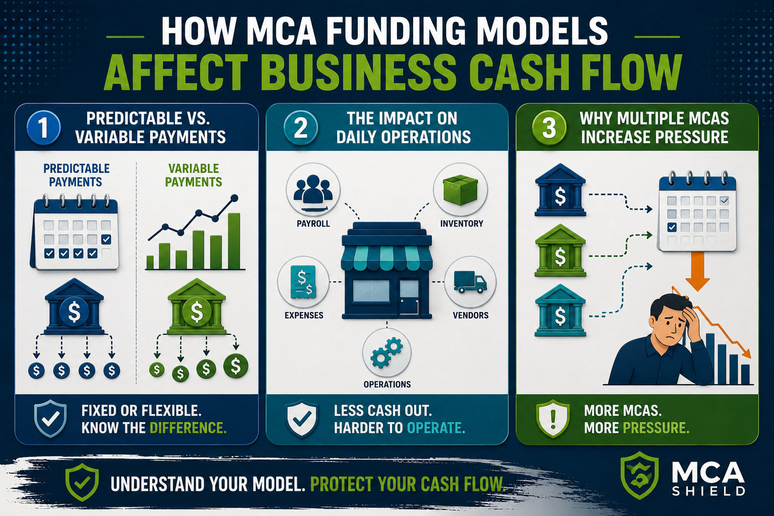 Infographic showing how MCA funding models affect business cash flow, comparing predictable and variable payments, illustrating the impact on daily business operations, and explaining how multiple merchant cash advances can increase financial pressure and reduce available working capital.