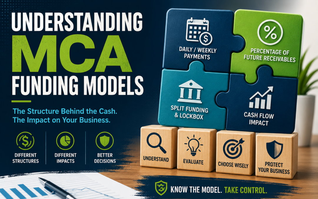 Illustration explaining MCA funding models with puzzle pieces representing daily or weekly ACH payments, percentage of future receivables, split funding, and cash flow impact, helping business owners understand merchant cash advance repayment structures.
