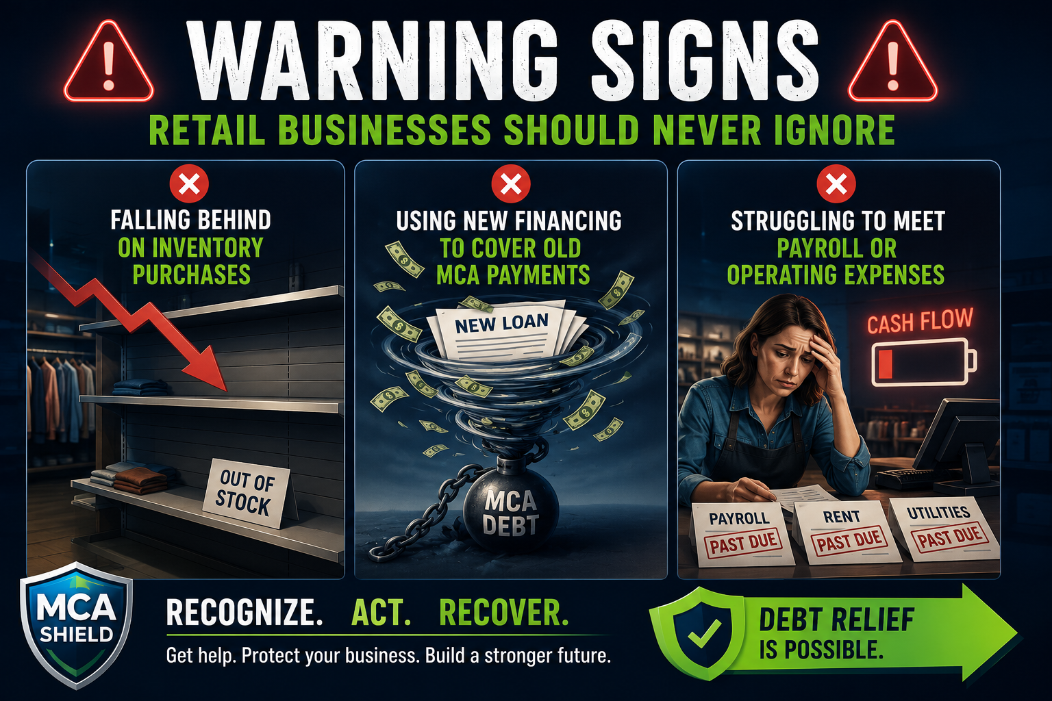 Warning signs of retail business MCA debt including inventory shortages, using new financing to pay existing MCA debt, and cash flow struggles.