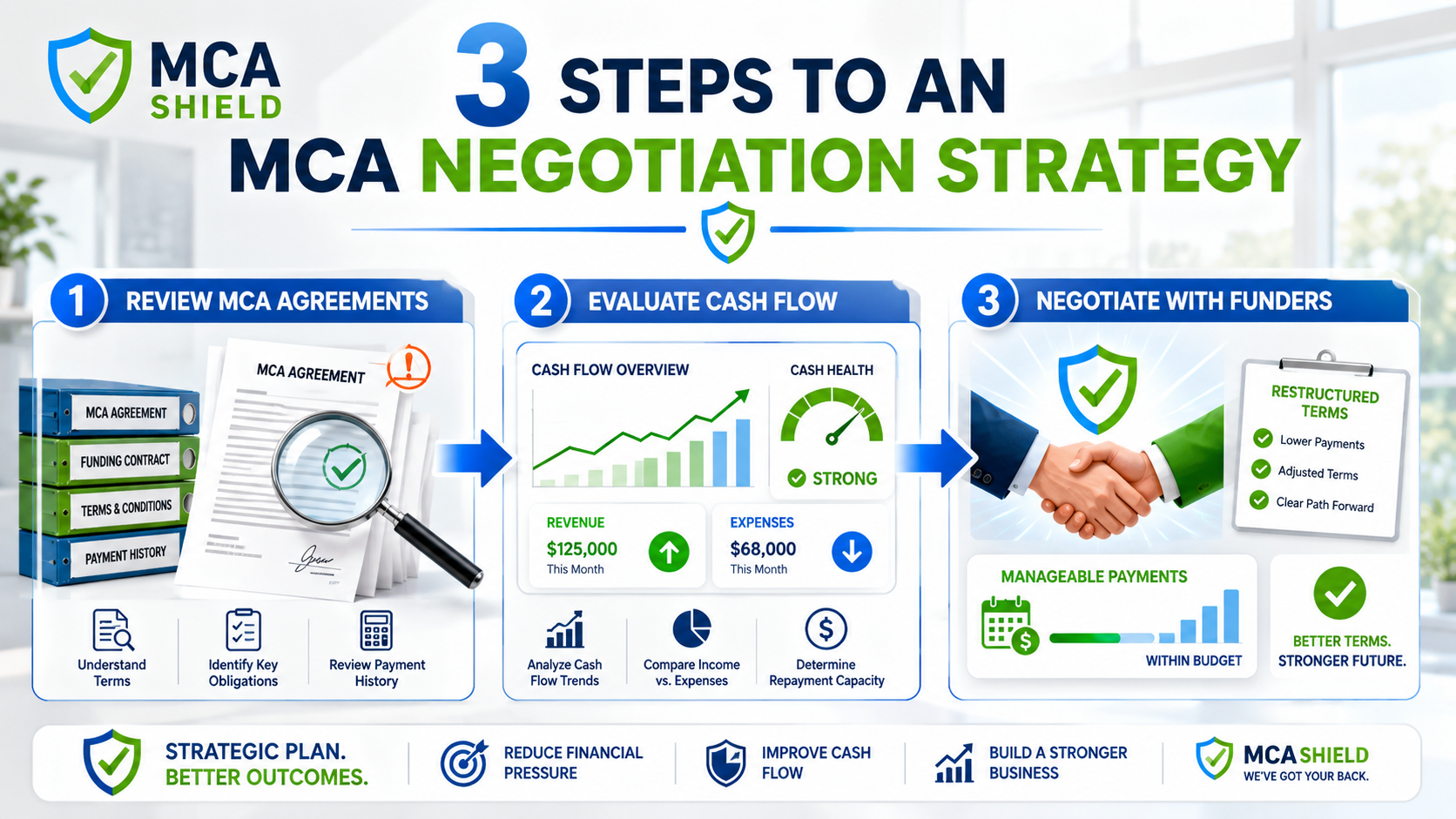 Three steps to an MCA negotiation strategy reviewing agreements evaluating cash flow and negotiating with funders