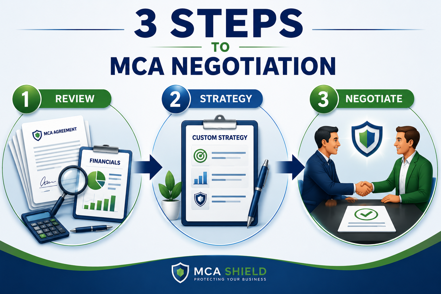 Three steps to MCA negotiation including reviewing agreements developing a strategy and negotiating with the MCA funder
