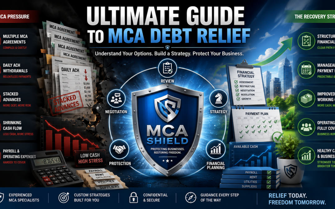 Ultimate guide to MCA debt relief showing MCA financial pressure, debt relief strategies, improved cash flow, and business recovery