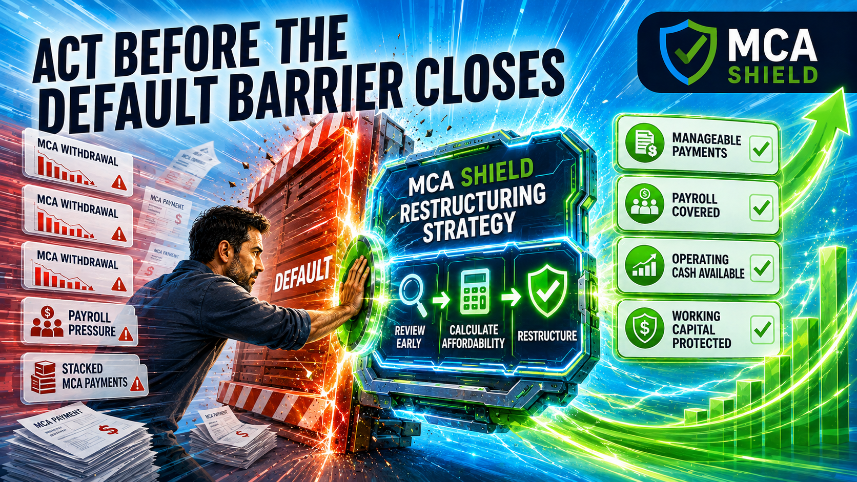 Business owner activating an MCA Shield restructuring strategy before the default barrier closes to protect payments, payroll, cash flow, and working capital