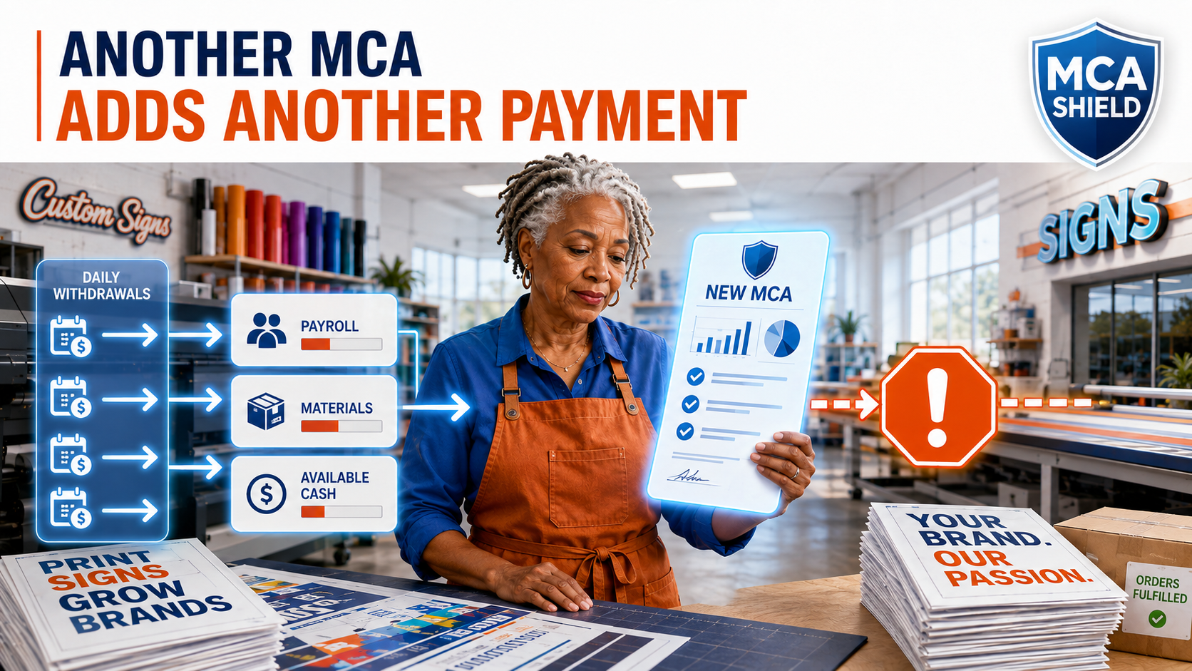 Printing business owner reviews a new MCA while daily withdrawals reduce payroll, materials, and available cash