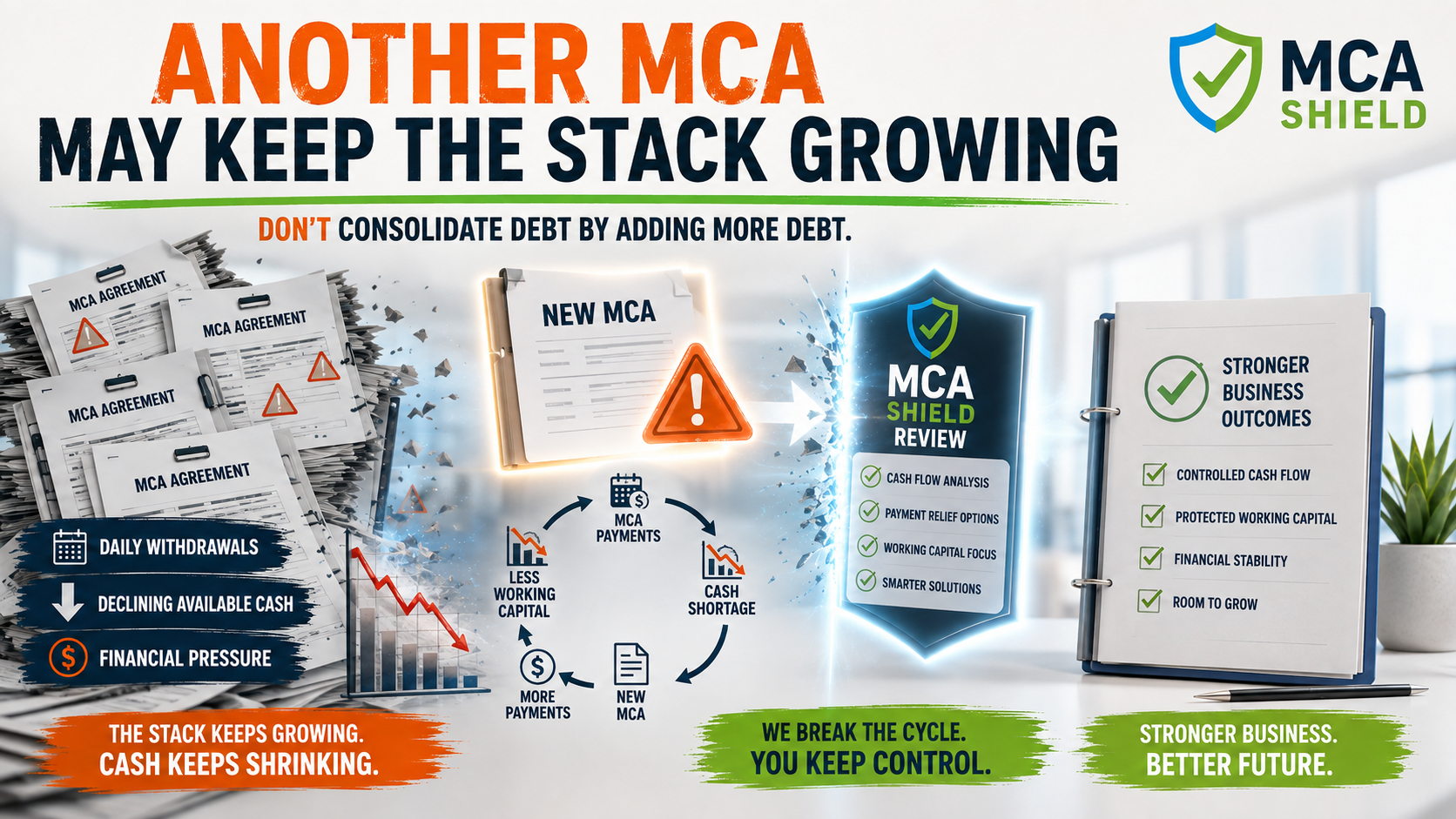 Another MCA may increase debt stacking with daily withdrawals declining cash flow and reduced working capital before MCA Shield review and relief options
