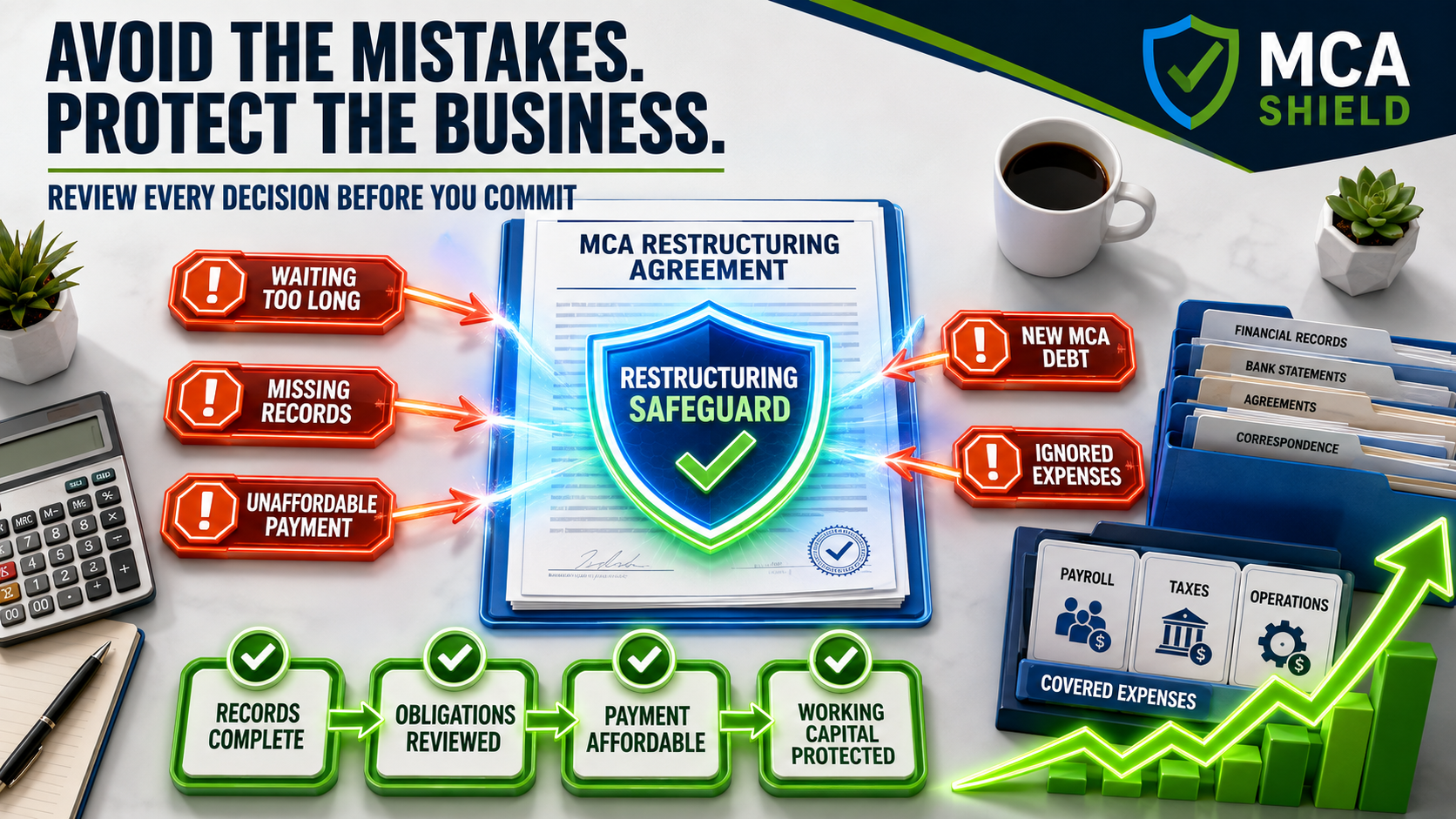 MCA Shield restructuring safeguard reviewing common mistakes, affordable payments, obligations, records, expenses, and protected working capital