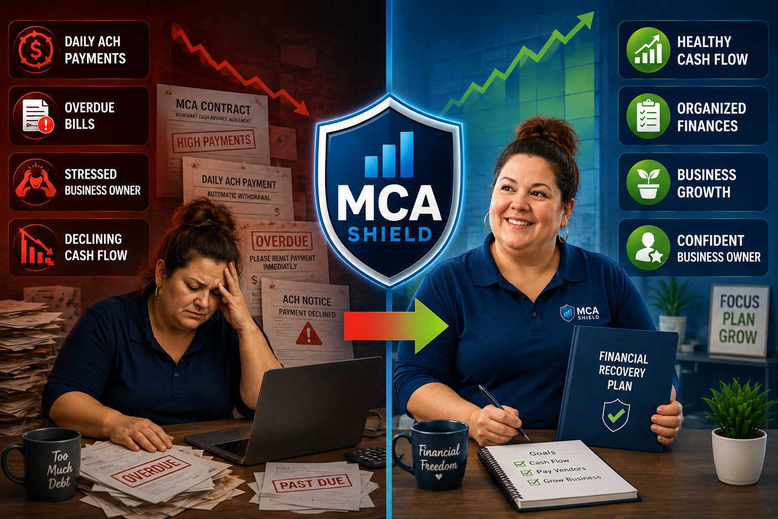 Split-screen infographic showing a business owner before and after MCA debt relief, transforming from financial stress and overdue bills to healthy cash flow, organized finances, and renewed business growth.
